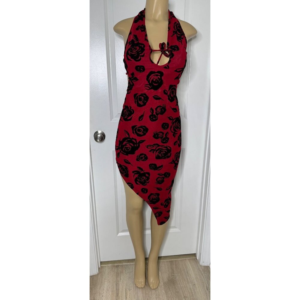 Red & Black Rose Print Halter Neck Asymmetrical Midi Dress With Tie Back Detail